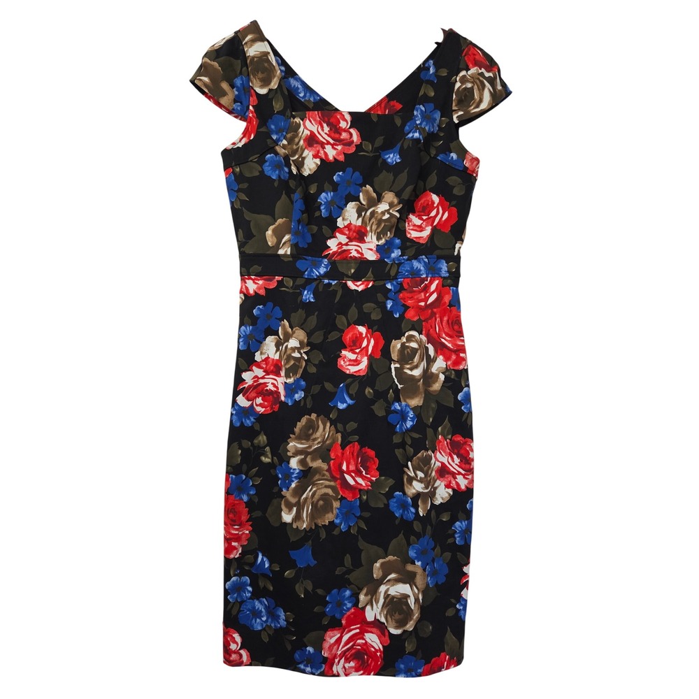 J. Peterman Sheath Dress Floral V-Neck Cap Sleeve Women 4 Black Multi-Color
